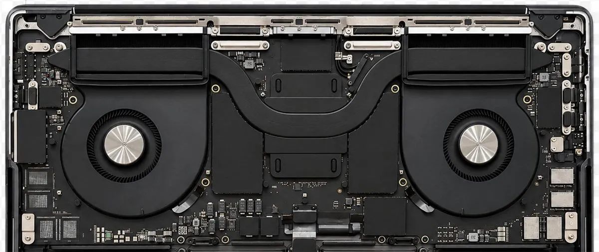 Bo mạch và hệ thống tản nhiệt bên trong MacBook Pro trên bàn kỹ thuật VNIT