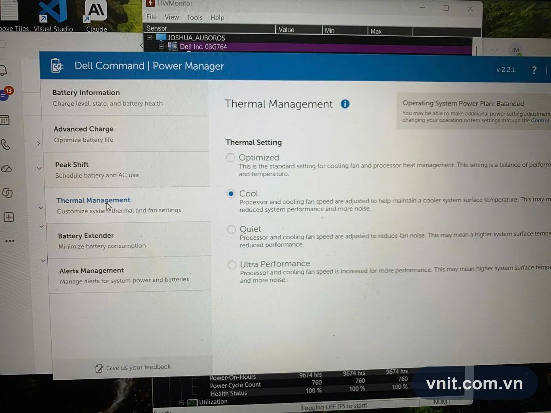 Dell Command Power Manager 2.2.1, mục Thermal Management với bốn chế độ Optimized, Cool, Quiet và Ultra Performance, đang chọn chế độ Cool