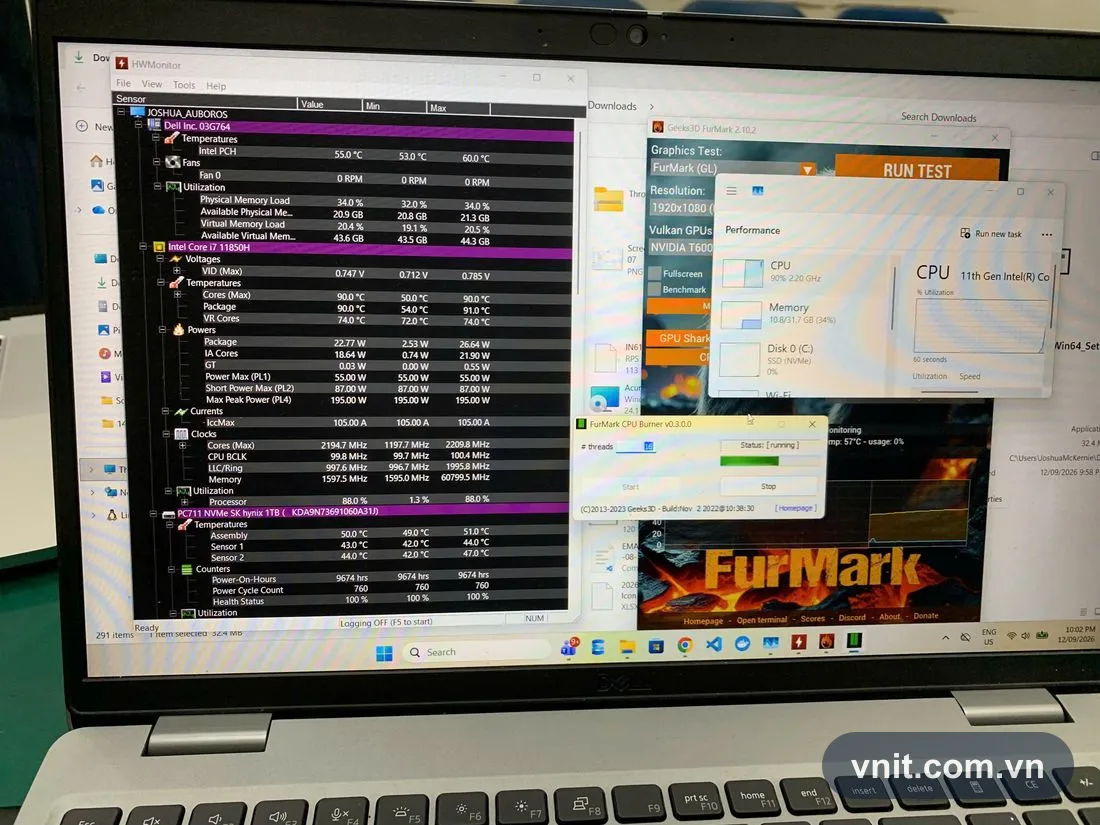 Dell Precision 3561 chạy FurMark CPU Burner 4 luồng sau khi đặt Maximum processor state 88%: nhiệt nhân đỉnh 90°C, công suất gói 22,77W, xung nhân 2194,7 MHz, CPU sử dụng 88%