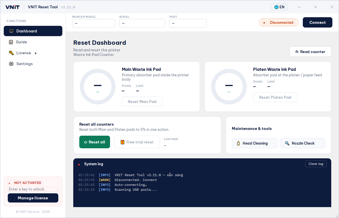 VNIT Reset Tool when it first opens, before a printer is connected — example printer
