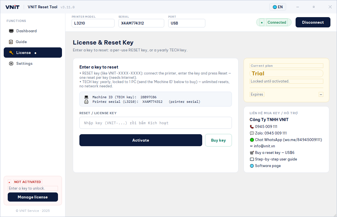 The Licence screen: paste the key here and click Activate — example printer