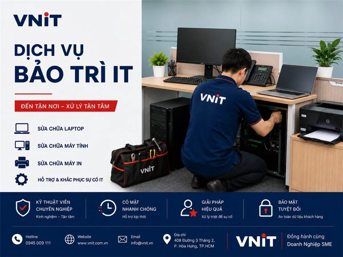 VNIT — Dịch vụ bảo trì IT cho doanh nghiệp SME: sửa laptop, máy tính, máy in, hỗ trợ sự cố tận nơi